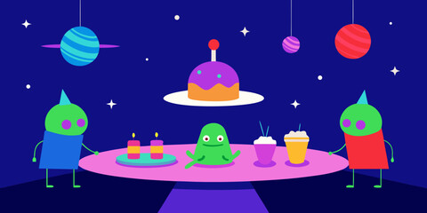Alien birthday party space diner floating