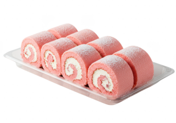 A tray showcasing several pink swiss rolls with a creamy filling and a light dusting of powder on top on transparent background