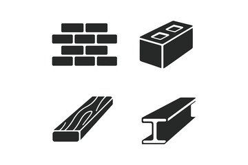 Construction Material Vector Icons Set. Solid Silhouette Icons of Building Materials Including Bricks Wall, Concrete Block, Wooden Plank, Steel Beam. Industrial Elements, Architecture Concept