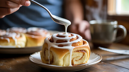 Icing a Delicious Cinnamon Roll Sweet Treat Being Prepared with a Spoon on a Plate Ready to Enjoy