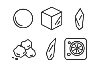 Decorative ice icons set. Outline vector illustrations of ice sphere, clear cube, crushed ice, ice shard, fruit-infused ice, cocktail ice shapes, drink garnishes, bar beverage elements.