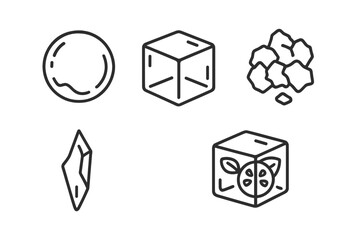 Outline Decorative Ice Icons Set. Ice Sphere, Clear Cube, Crushed Ice, Ice Shard, Fruit Infused Ice Cubes. Beverage Garnish Elements. Cocktail Bar Ingredients. Vector Illustration Isolated