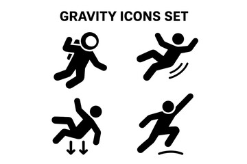 Gravity Effects Icon Set. Human Interaction with Gravity. Floating Astronaut, Falling Person, Jumping Man, Gravity Impact, Motion, Action, Accident, Sport, Danger, Safety, Vector Illustration