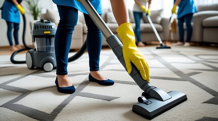 Professional home cleaning service team working together to vacuum and sanitize carpets in a brightly lit living room