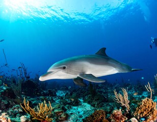 Dolphin glides through vibrant coral reef