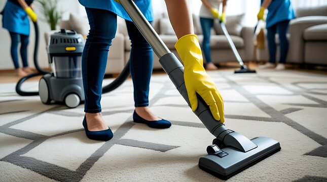 Professional home cleaning service team working together to vacuum and sanitize carpets in a brightly lit living room
