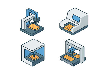 Isometric Laboratory Automation Equipment Icons Set. Vector Lab Robotics, Microplate Handler Robot, Automated Liquid Handling Arm, Microplate Reader Instruments, Biotechnology Automation Illustration