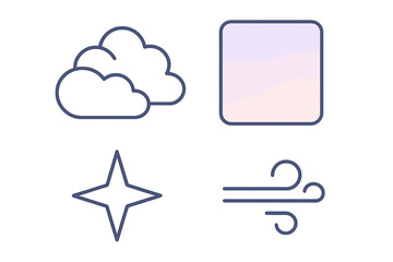 Weather forecast icon set. Minimalist line art collection. Vector symbols of serene sky, gentle cloud, soft breeze, star. Outline pictogram pack with pastel gradient.
