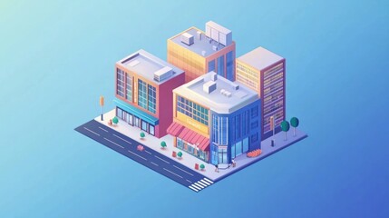 A colorful, isometric cityscape featuring buildings, trees, and a street.