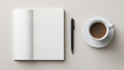 Open notebook, pen, and coffee cup on a light beige surface