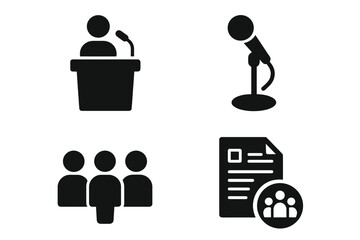 Town hall meeting icons set. Solid filled community event symbols: speaker podium, microphone, audience, agenda document, group logo. Civic engagement, municipal conference vector illustration