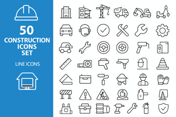 Collection of Fifty Construction Icons Set Featuring Line Icons for Engineering and Building Projects