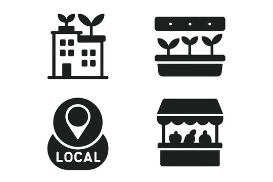 Urban farming icon set. Solid filled vector illustrations of rooftop garden, hydroponic tray, local farm market stand, location marker. City agriculture, homegrown produce, sustainable food source.