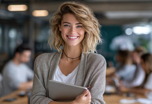 A smiling businesswoman holding a tablet while standing in front of a group of people working on a digital table - Powered by Adobe