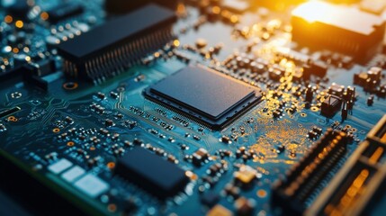 Close-up of a circuit board highlighting electronic components and connections.