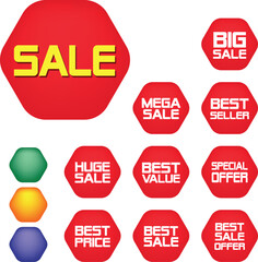 Best for sale sticker, price tag, quality mark, Red postage stamps, A collection of different colored star stickers, Realistic red price tags collection, Special offer or shopping discount label.