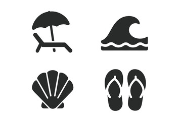 Tropical beach vector icons set. Solid black illustration of summer vacation elements—umbrella, lounge chair, ocean wave, seashell, flip flops. Minimalist holiday, seaside leisure, travel concept