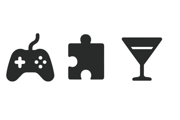 Virtual Activities Icons Set. Solid Vector Symbols for Online Gaming, Puzzle Entertainment, Social Drinks. Game Controller, Jigsaw Piece, Cocktail Glass. Modern Minimal Style Isolated