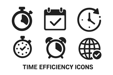 Time efficiency icon set with solid stopwatch, calendar, clock hands, timer, alarm bell, and time zone symbols, vector illustration for productivity and scheduling concepts