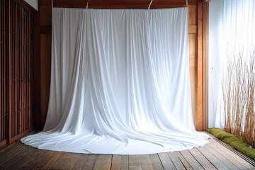 White backdrop draped in Japanese room, sunlit