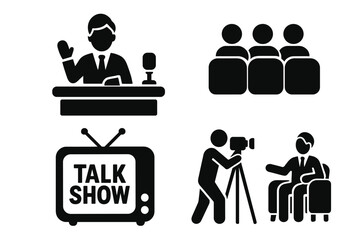 Talk Show TV Set Icons Collection. Flat Vector Illustrations of Television Host at Desk, Studio Audience, TV Talk Show Logo Screen, Cameraman Filming Guest Interview. Media Production Concept.