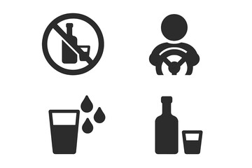 Alcohol Safety Icons Set. No Alcohol Sign, Designated Driver, Hydration Glass, Vodka Bottle with Shot. Solid Fill Vector Illustrations. Responsible Drinking, Health, Road Safety, Sobriety