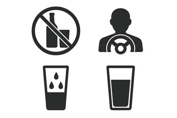 Alcohol Safety Icons Set. No Alcohol Sign, Designated Driver Symbol, Hydration Water Glass, Drink Responsibly, Alcohol-Free, Sobriety, Safe Driving, Black Silhouette Vector Illustration