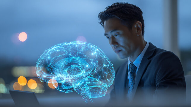 Asian businessman interacting with a glowing blue digital brain hologram, symbolizing ai, intelligence, and technology