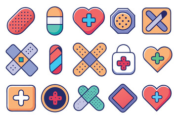 Medical Icons: Bandages, Hearts, and First Aid Symbols