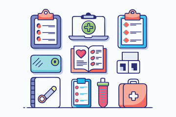 Medical Icons: Clipboards, Laptop, Book, Test Tube, First Aid Kit