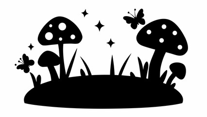 Silhouette of mushrooms with spots and butterflies under stars in a whimsical forest scene design