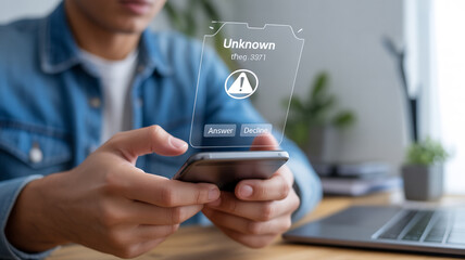 Unknown Caller Businessman Using Smartphone for Unknown Caller Identification and Scam Alert with Warning Sign