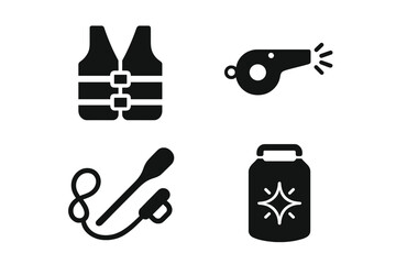 Water safety equipment icons set for night use. Solid filled vector illustration of life jacket, rescue whistle, paddle leash, waterproof dry bag with glow symbol. River, lake, sea safety gear.
