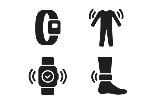 Wearable haptic technology icons set. Fitness tracker, smart wristband, feedback bodysuit, ankle monitor, connected wearable device. Solid vector symbol set for health, sports, sensor interface