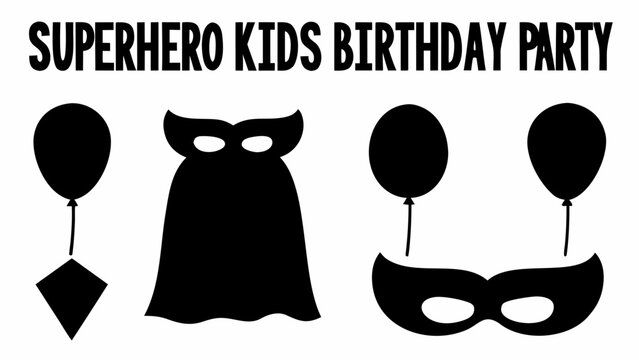 Illustration of superhero birthday party elements featuring masks capes and balloons in black and white style