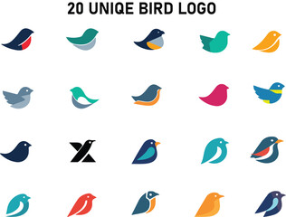 20 Unique Bird Logo Set – Colorful Bird Icons, making this EPS vector set ideal for logo design, branding, web design, app icons, mascot designs, business identity, or environmental campaigns.
