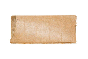 Tan Cardboard Strip With Textured Surface and Irregular Jagged Edges, on Plain White Backdrop. The Material Shows Signs of Tear or Damaged.