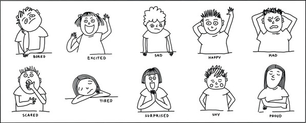 Everyday Feelings. Hand-Drawn Kids Emotion Faces Clipart Set