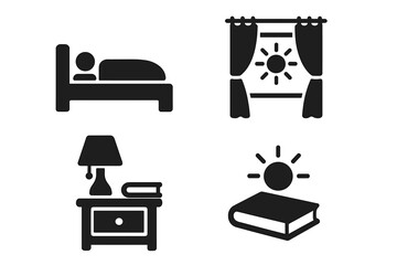 Morning Wake Up Routine Icon Set. Bed Sleeping Person, Open Curtains Sunlight, Bedside Nightstand with Lamp and Book, Daily Bedroom Objects. Solid Vector Illustrations, Black Silhouette Pictograms