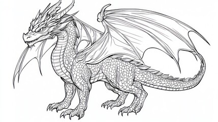 A detailed line drawing of a dragon with wings, showcasing its scales and fierce features.