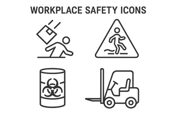 Workplace Safety Outline Icons Set. Falling Object Hazard, Wet Floor Caution, Biohazard Waste Barrel, Forklift Vehicle. Industrial Workplace Risk, Accident Prevention, Safety Symbol Vector Collection