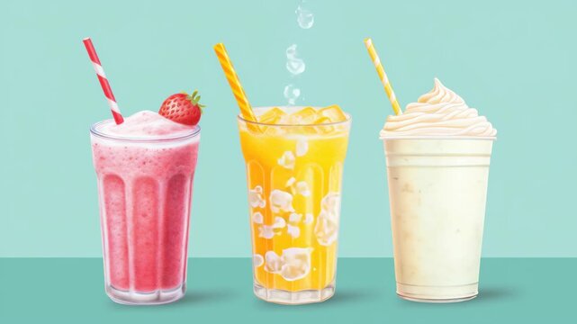 Vibrant video still of three colorful smoothies on a turquoise background. Eye-level angle highlights textures and refreshing appeal. Live desktop wallpaper.