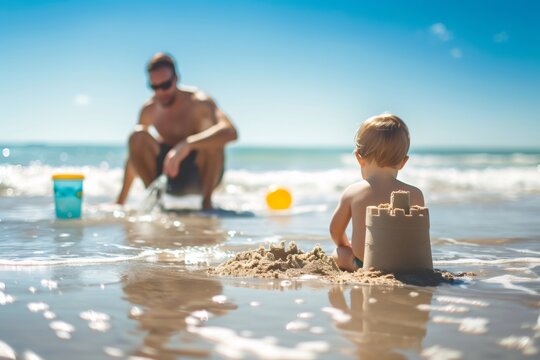 Toddler building sandcastle on beach with father watching