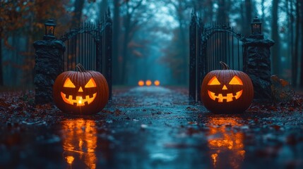 Spooky Halloween path with pumpkins