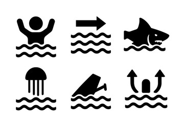 Water hazard warning icons set. Solid filled vector symbols for ocean, sea, beach and swimming dangers: drowning, rip currents, shark attack, jellyfish, capsizing boat, dangerous waters, safety alerts