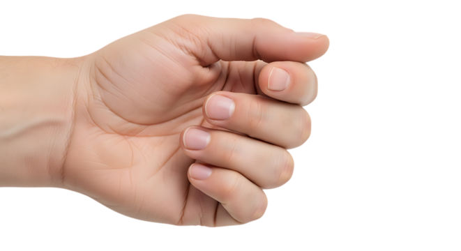 A human hand is making a gesture of holding something small with its thumb and forefinger isolated on a black background symbolizing grasping or holding a small object or concept