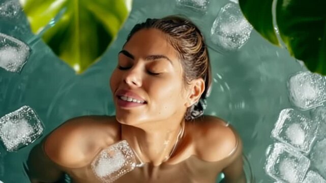 Relaxed woman enjoying Ice bath pod in tranquil setting with green leafy surroundings