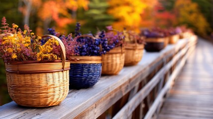 Fototapeta premium Colorful baskets filled with flowers line a wooden bridge surrounded by vibrant autumn foliage