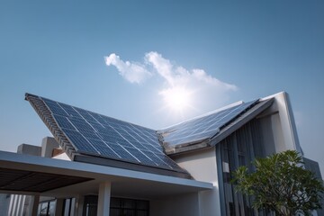 Naklejka premium Solar panels on a modern house roof under a clear sky