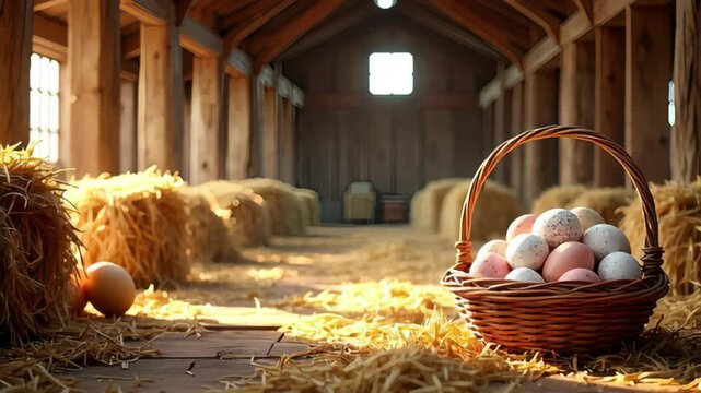 Rustic barn interior with easter eggs in a basket amidst golden hay bales